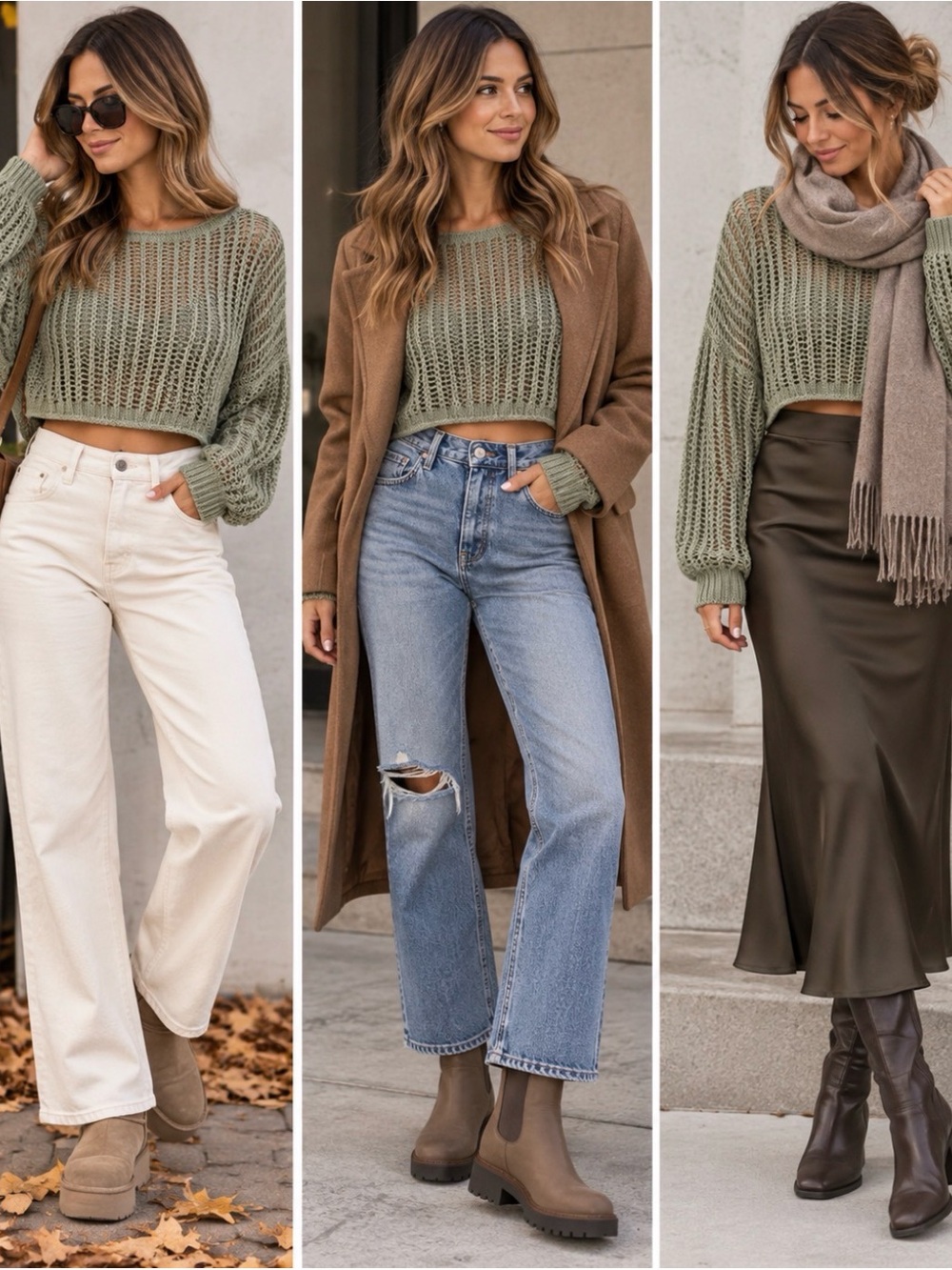 Garage Sage Green Open Knit Cropped Sweater Long Sleeve P/S